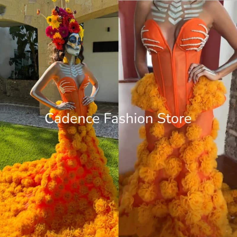 Mexican Classic Evening Gown Orange 3D Floral Day of the Dead Mermaid Halloween Cosplay Corset Formal Party Gown Customized