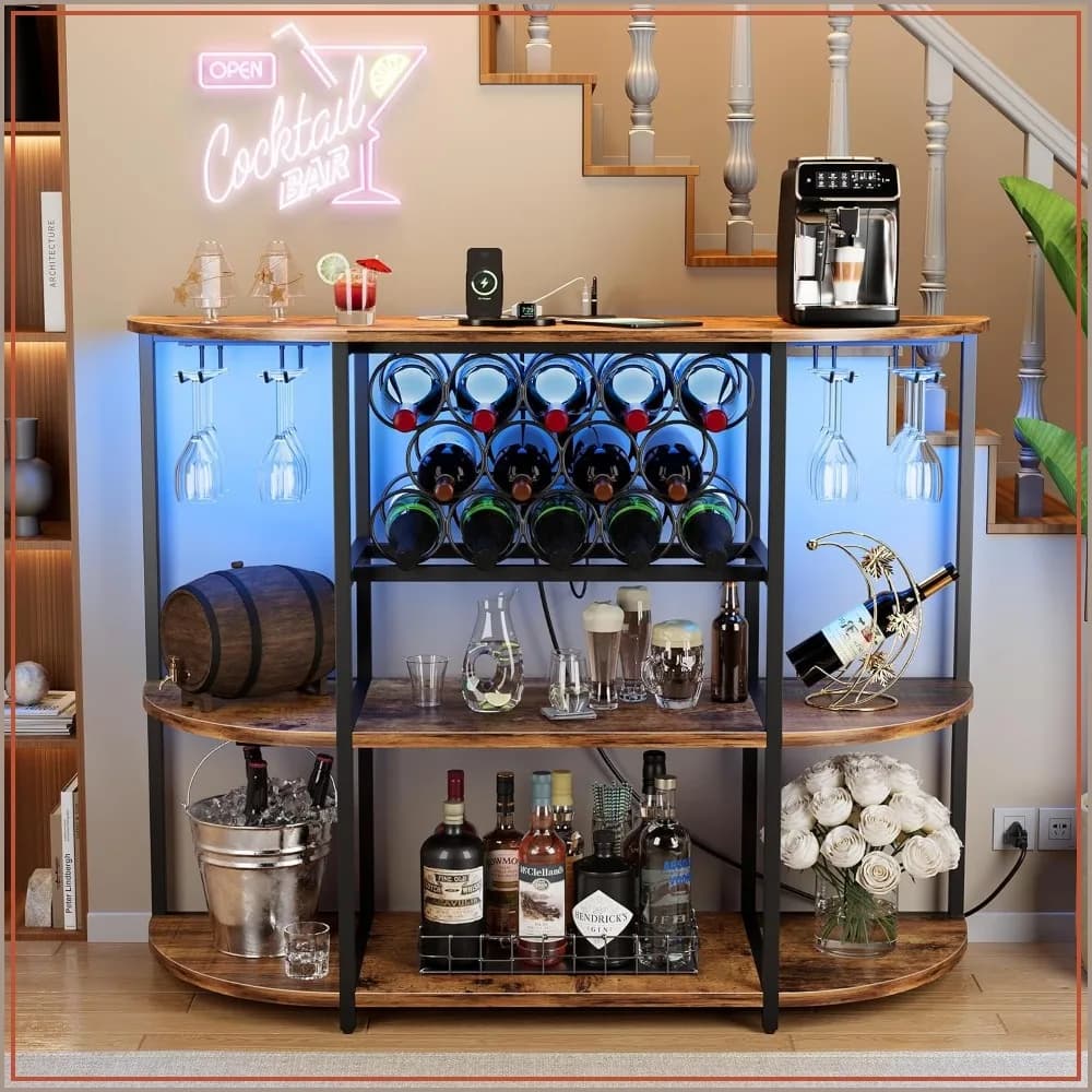 LED Lit Wine Bar Cabinet with Power Outlets, Freestanding Liquor Cabinet with Glass & Wine Rack, Home Bar Table for Kitchen Dining Room