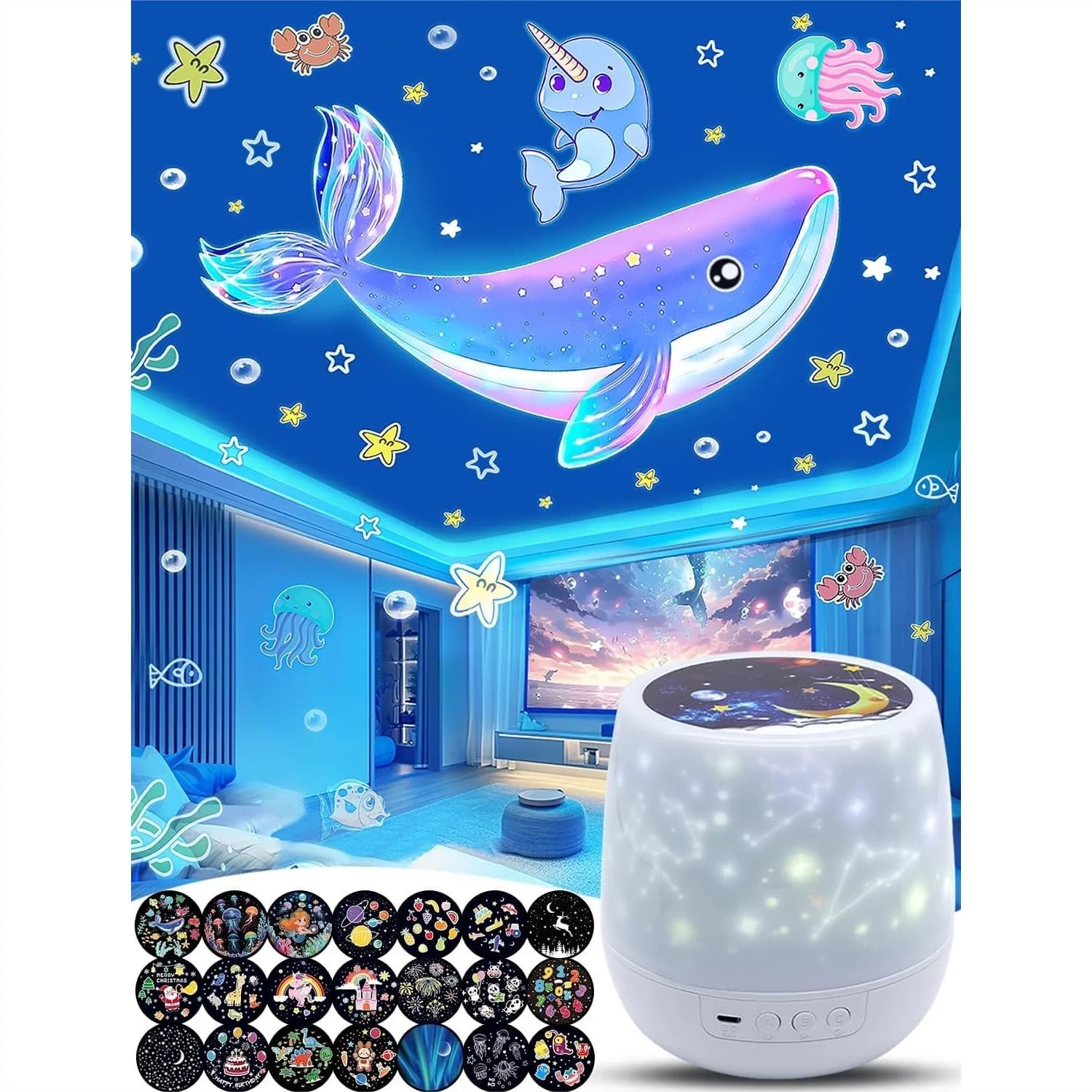 Proiettore di luci notturne per bambini con 21 pellicole, 360° ° Decorazione Rotante a Forma di Stelle e Galassie per Soffitto Camera da Letto