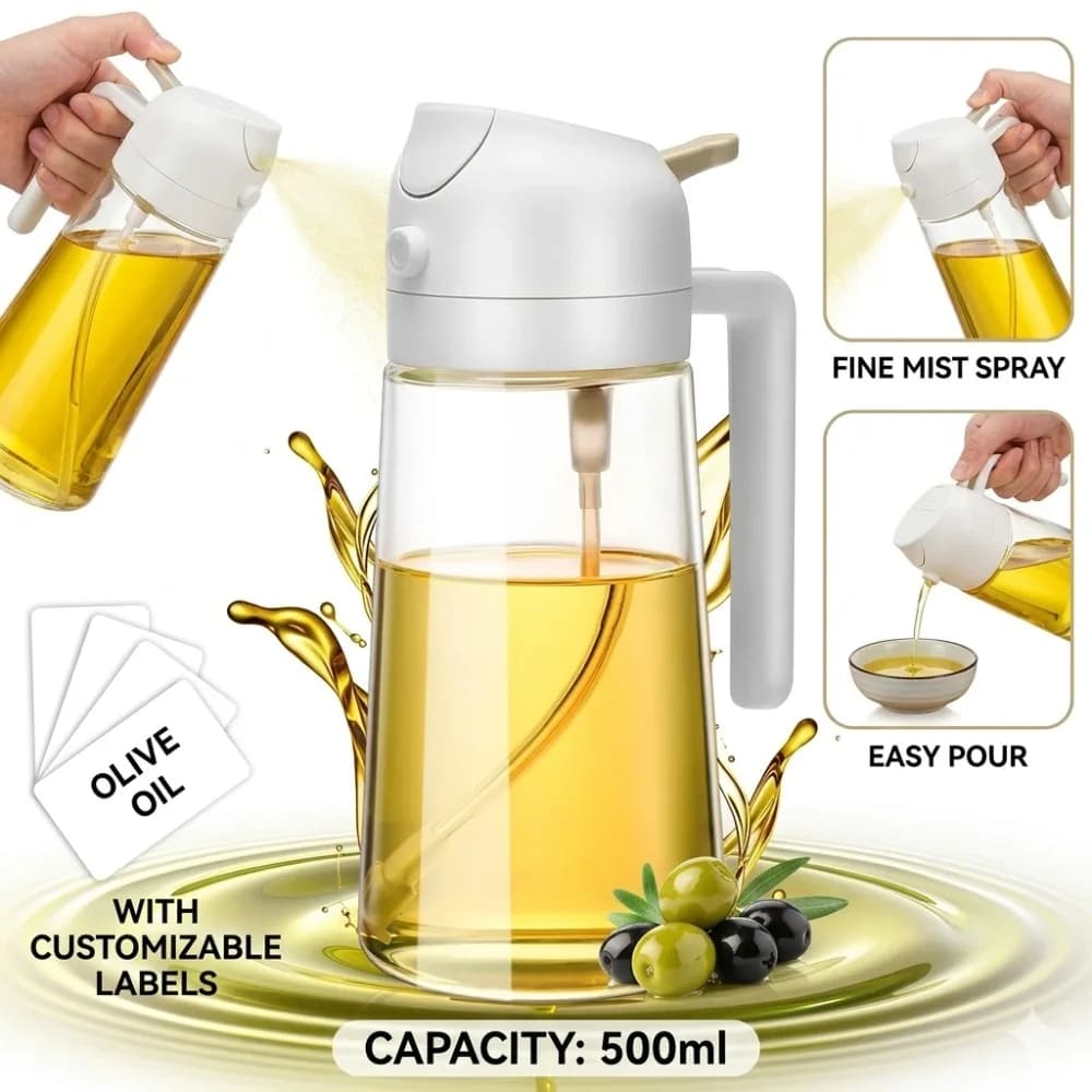 Dispenser Spray 2-in-1 in Plastica da 500ML per Olio d'Oliva e Aceto, Bottiglia Spray per Friggitrice ad Aria, Barbecue, Insalate, Cottura, Accessori da Cucina