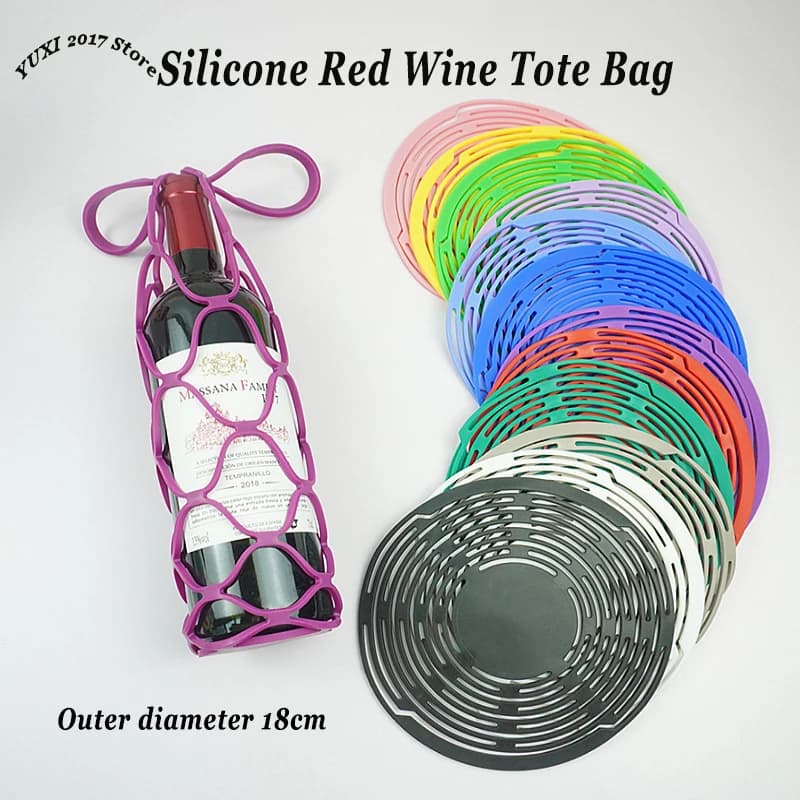 Borsa porta bottiglie in silicone lavabile, riutilizzabile, per bottiglie d'acqua, tappetino per tazze, cestino a rete per bottiglie di vino, organizer da picnic