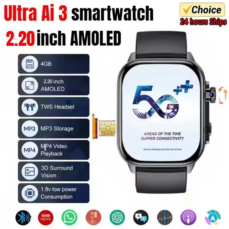 New Fashion Ultra AI 4G Android Smart Watch 32 256GB 2.2 '' 448*528 AMOLED Schermo SIM Card Monitoraggio della salute 180 ° Telecamera rotante