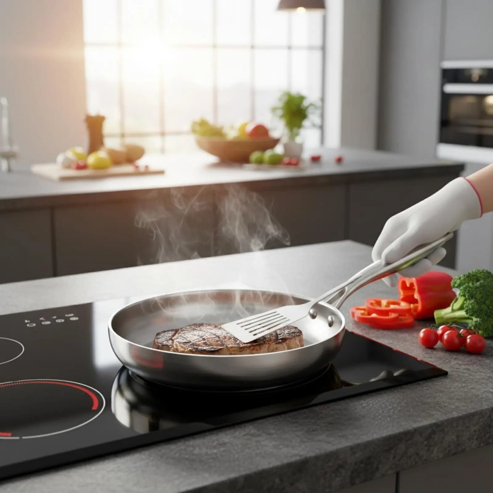Padella in Acciaio a Tre Strati con Rapida Conduzione del Calore, Padella in Acciaio Inossidabile Non Rivestita, Antiaderente e Resistente ai Graffi per Cucina