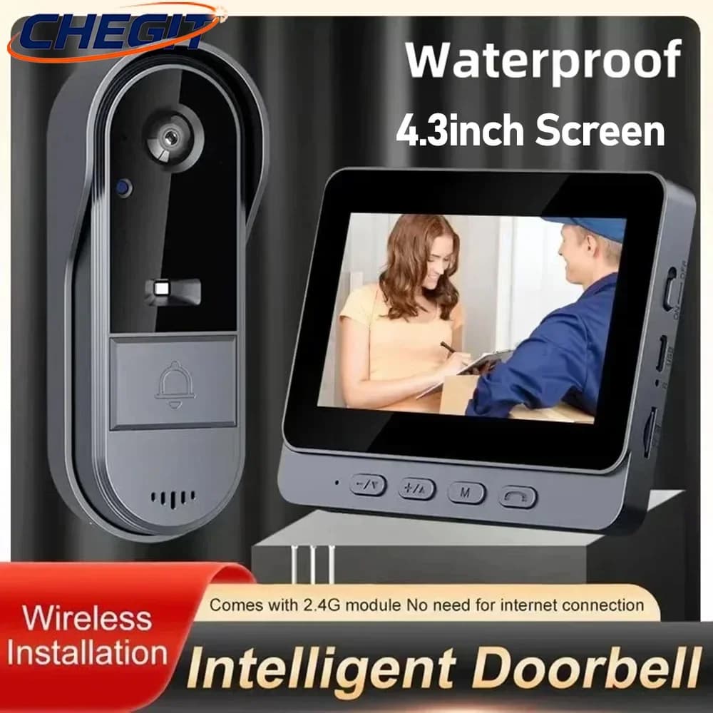 Campanello senza fili impermeabile Wifi Telecamera 1080P Videocitofono Campanello Schermo IPS da 4,3 pollici Campanello per porta di sicurezza domestica Visione notturna IR