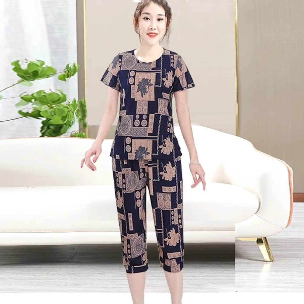 Fashion Plus Size Elderly T-shirt Sets Stripe Loose Women Two Piece Set Short-sleeved Summer Mother's Pajamas Gift