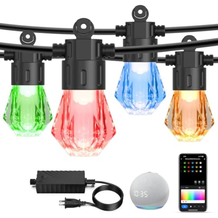 Luci a Stringa Intelligenti da Esterno 48 Piedi - Lampadine Acriliche RGBCWIC Dimmerabili, Luci LED Cambia Colore per Patio, Controllo APP WiFi Compatibile