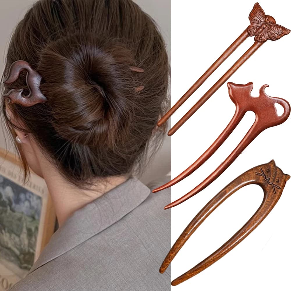 Bastoncino per capelli in legno Forchetta per capelli a forma di U Gatto Farfalla Stile cinese Moda Panini per capelli Coniglio Copricapo Accessori per capelli per ragazza
