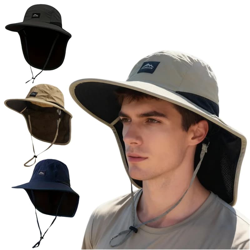 Mens Outdoor Wide Brim Bucket Hat with Neck Flap Adjustable Cap for Hiking Camping Fishing Travel Wear