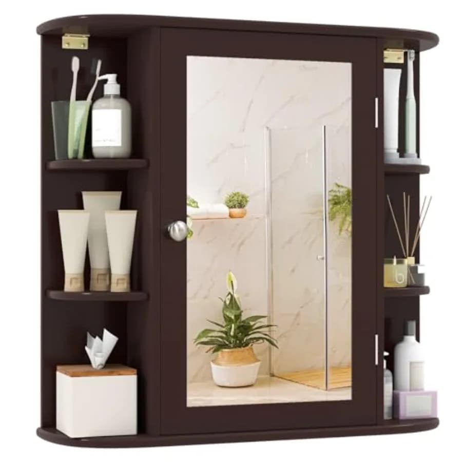 Armadietto da Bagno con Specchio, Moderno Organizzatore Salvaspazio da Parete con Anta a Specchio e 4 Ripiani Interni