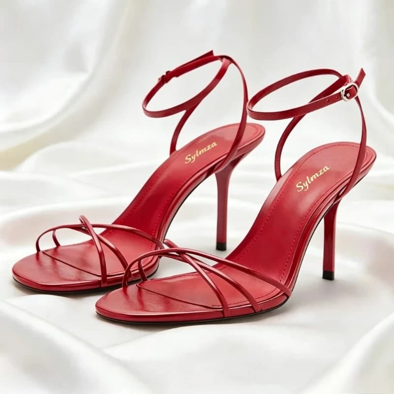 Eleganti Sandali Rossi con Cinturino alla Caviglia e Tacco Alto da Donna, con Cinturini Sottili e Tacchi a Blocco, Scarpe da Sposa di Lusso Firmate