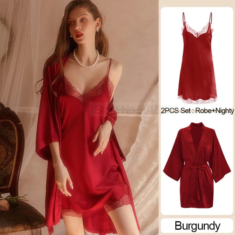 Raso 2 pezzi abito e cinturino camicia da notte Set Femme pizzo Trim Kimono accappatoio abito da sposa Sexy indumenti da notte camicia da notte Chemise