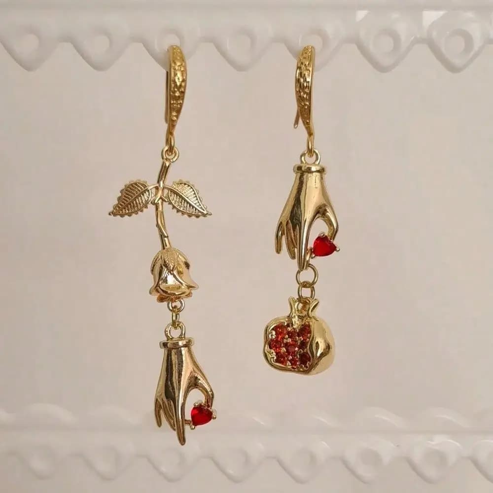 Asymmetrical Rose Pendant Earrings, Unique Pomegranate FingerShaped Charm, Womens Pendant Earrings, Jewelry Gift.