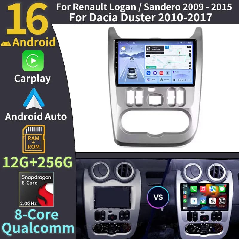 Android 16 For Renault Logan 1 Sandero 2009-2015 for Renault Dacia Duster 2010-2017 Car Radio LHD CarPlay GPS Navi Split Screen