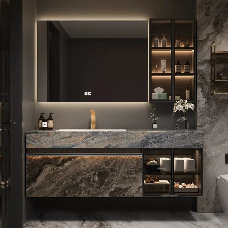 Luxury Hotel Style Bathroom Vanity with Custom Sintered Stone Integrated Sink High-End Cabinet Combo with LED Mirror furniture