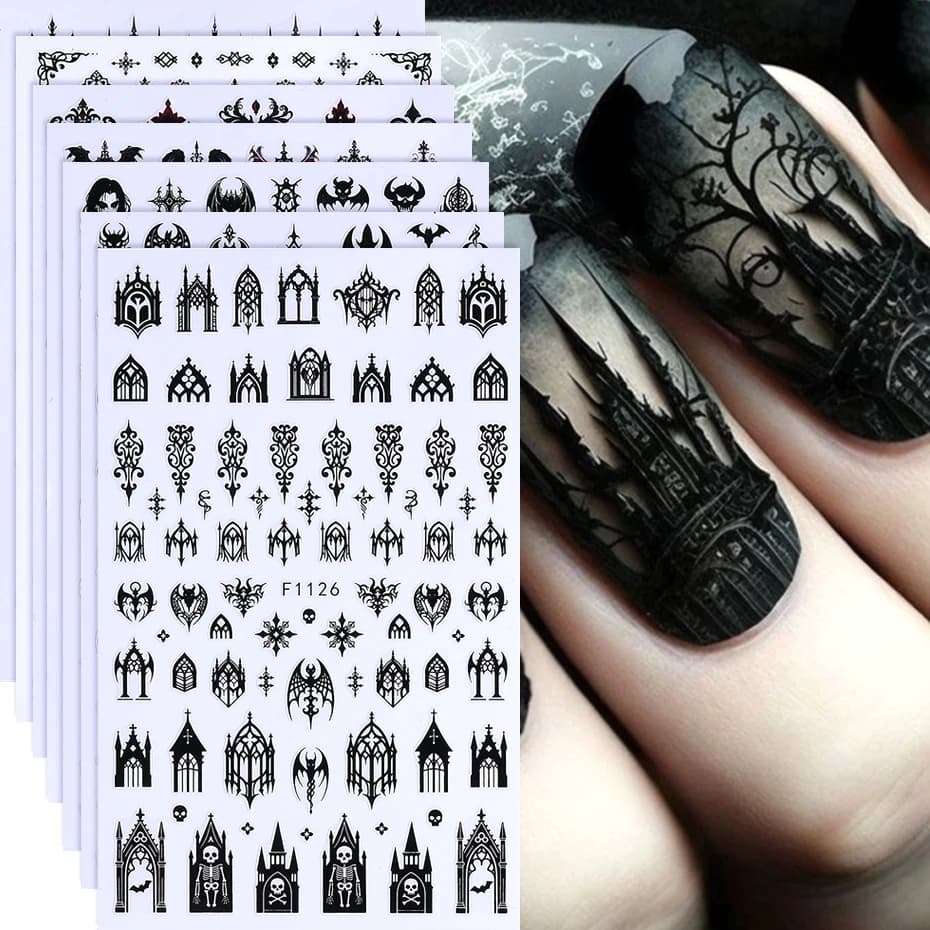 7/8 pezzi adesivi per unghie 3D gotico nero Halloween design cool lettera dell'alfabeto pizzo castello teschio Y2K accessori per la decorazione del manicure