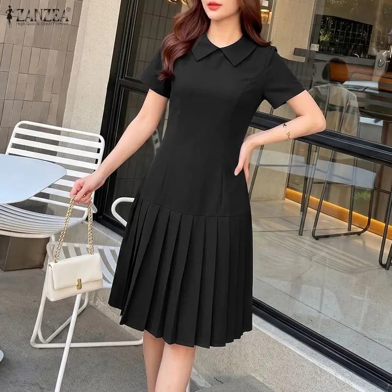 ZANZEA Women's Pleated Dresses Elegant Collared Short Sleeve A-Line Knee-Length Dress 2026 Summer Office Commute Vestidos Mujer