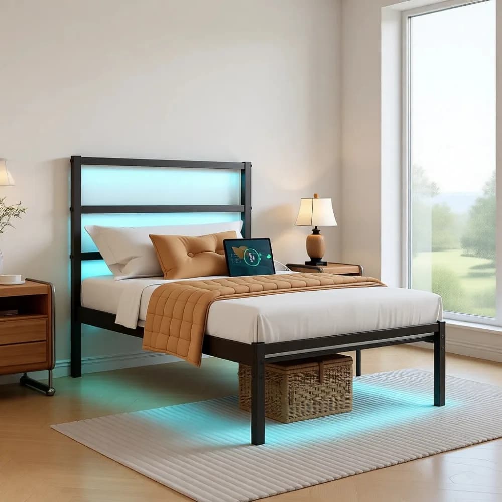 Single bed base with headboard, steel slats, LED, USB charging, container, without slats, silent
