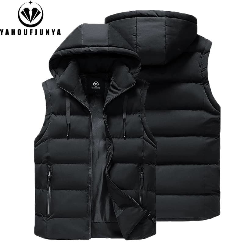 Uomo autunno senza maniche all'aperto casual solido gilet caldo uomo inverno staccabile con cappuccio in pile tasca con cerniera gilet moda cappotto maschile