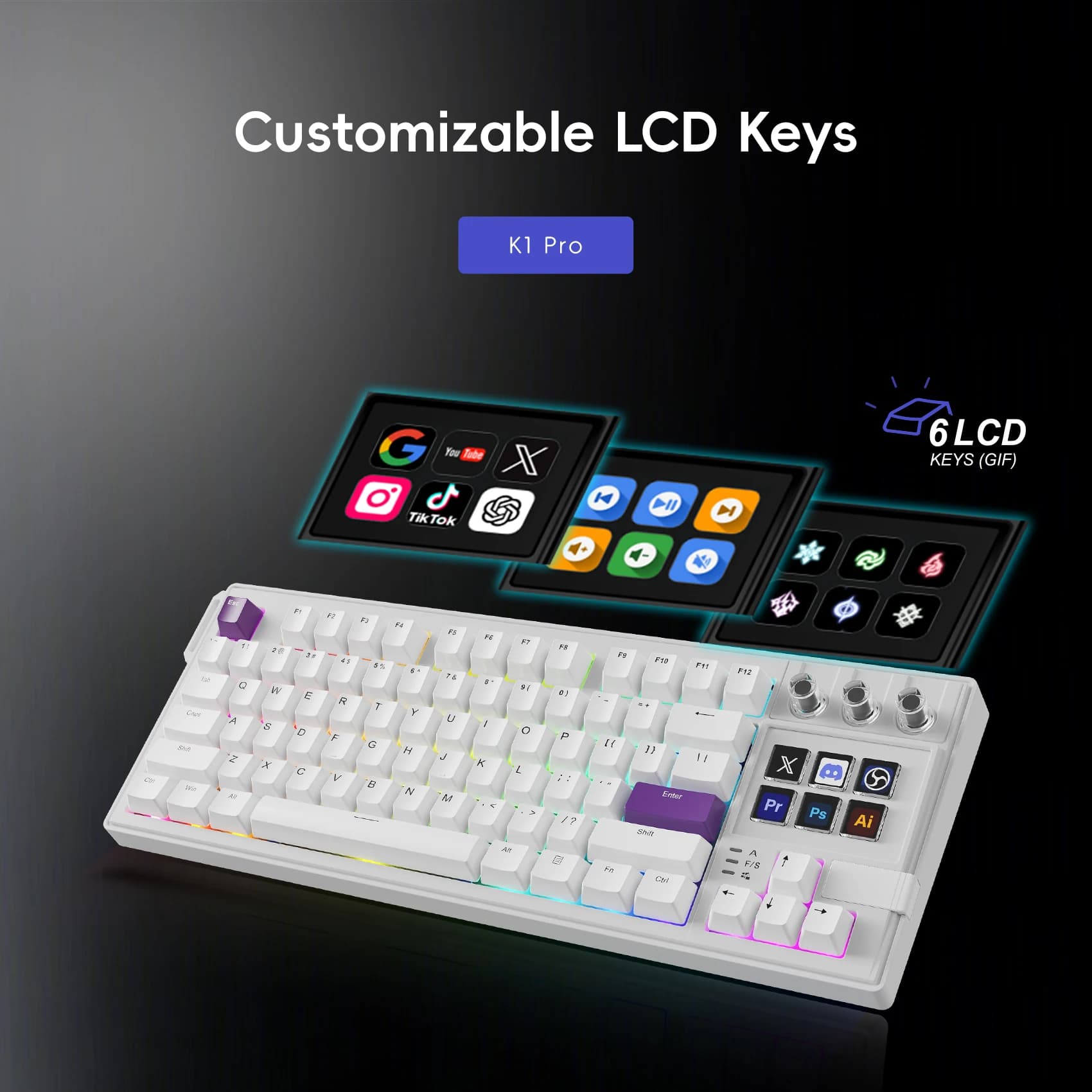 MiraBox K1 Pro Tastiera Meccanica da Gaming con AI, Console Visiva Streamdeck, Macropad RGB Hotswap, Tastiera Cablata per Gamer