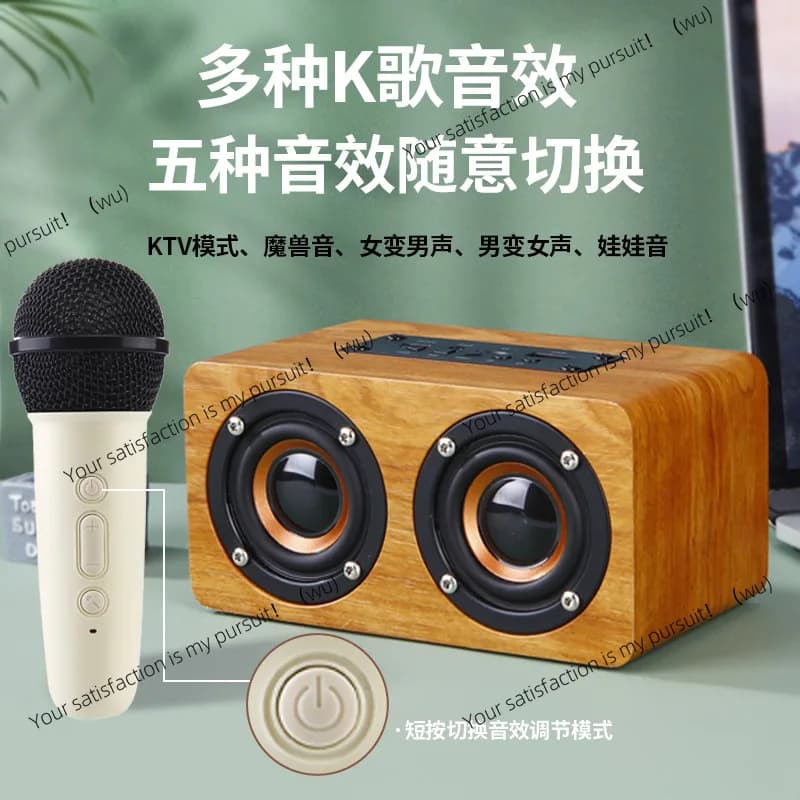 Altoparlante Karaoke con doppio microfono wireless Bluetooth in legno H3, stereo per computer con interfaccia funzione disco U scheda