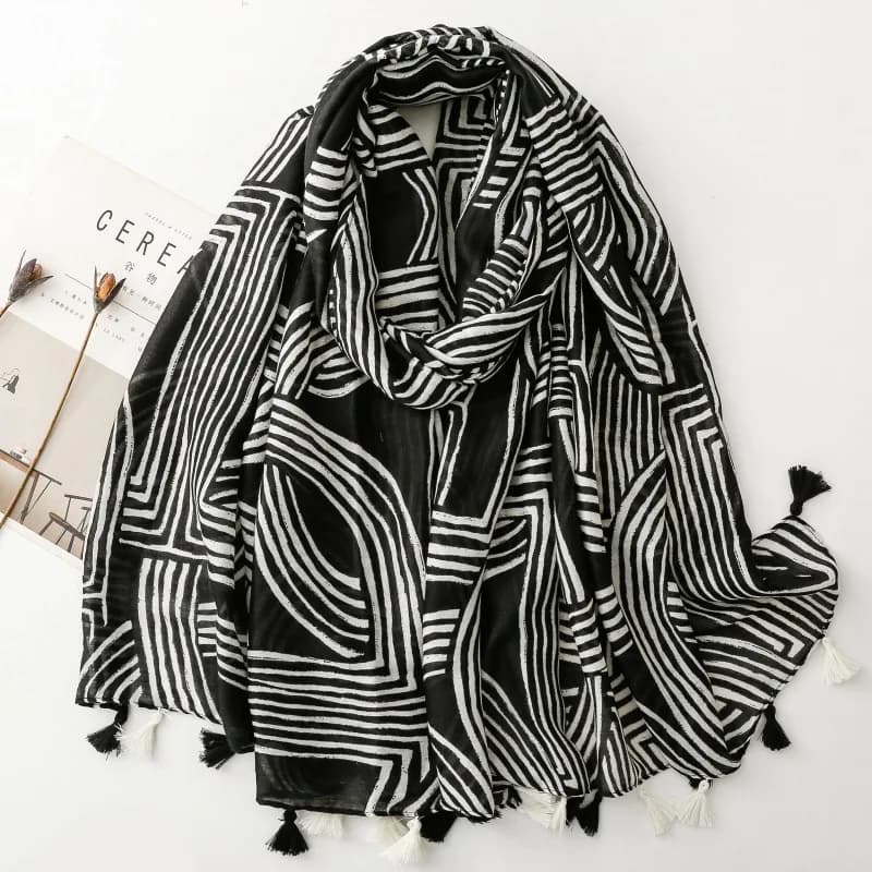Soft viscose scarf with fashionable geometric tassel Boho Chic Shawls and thin women's wrappers perfect for travel and casual Muslim Hijab 2025