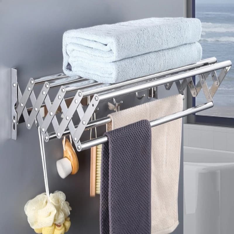 No Drill Extendable Wall Mounted Towel Bar Foldable Laundry Rack Corrosion Resistant Rhombic Reinforced Base for Bathroom Use