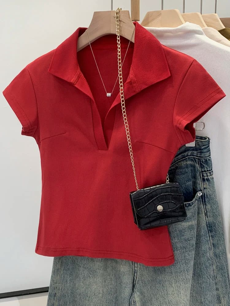 Red Shirt Short Sleeve T-Shirt Women Summer New Style Slim Fit Shoulder Accurate Waist Small Top Korean Style Commute
