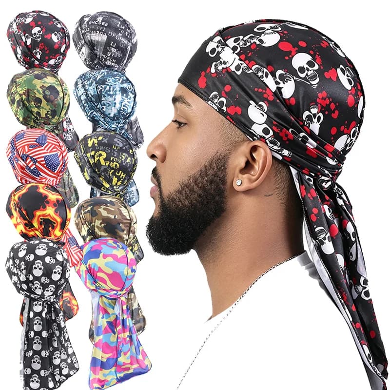 3PCS Fashion Long Tail Durag Cap Trendy Simulated Silk Cap Flame Skeleton Headband For Men Hair Accessories
