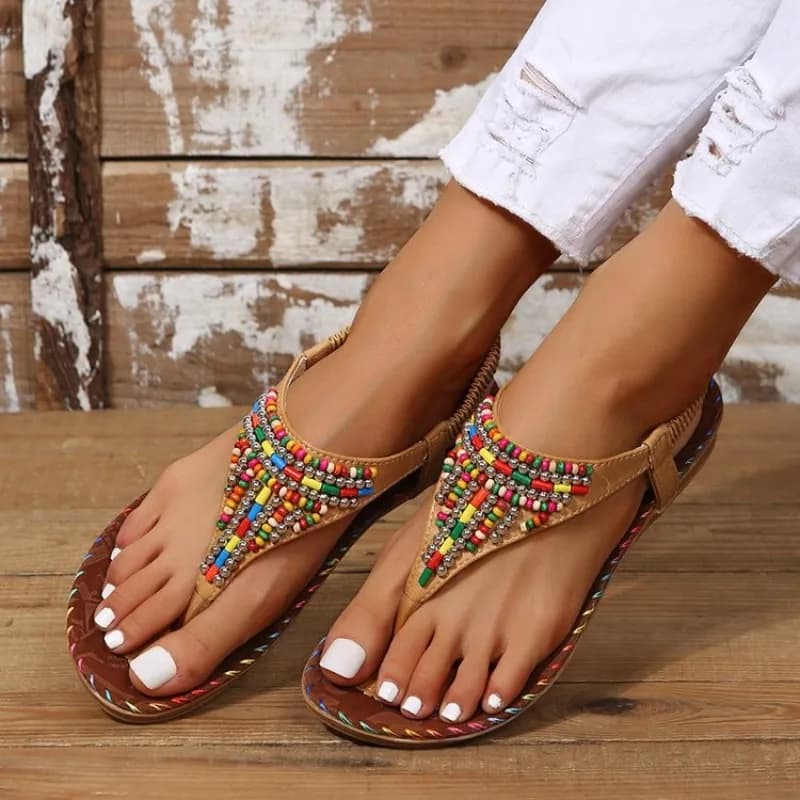 New Summer Women Plus-Size Roman Sandals Lady Rhinestone Toe-Post Flip-Flops Adult Flat Single Buckle Shoes Casual Beach Shoes