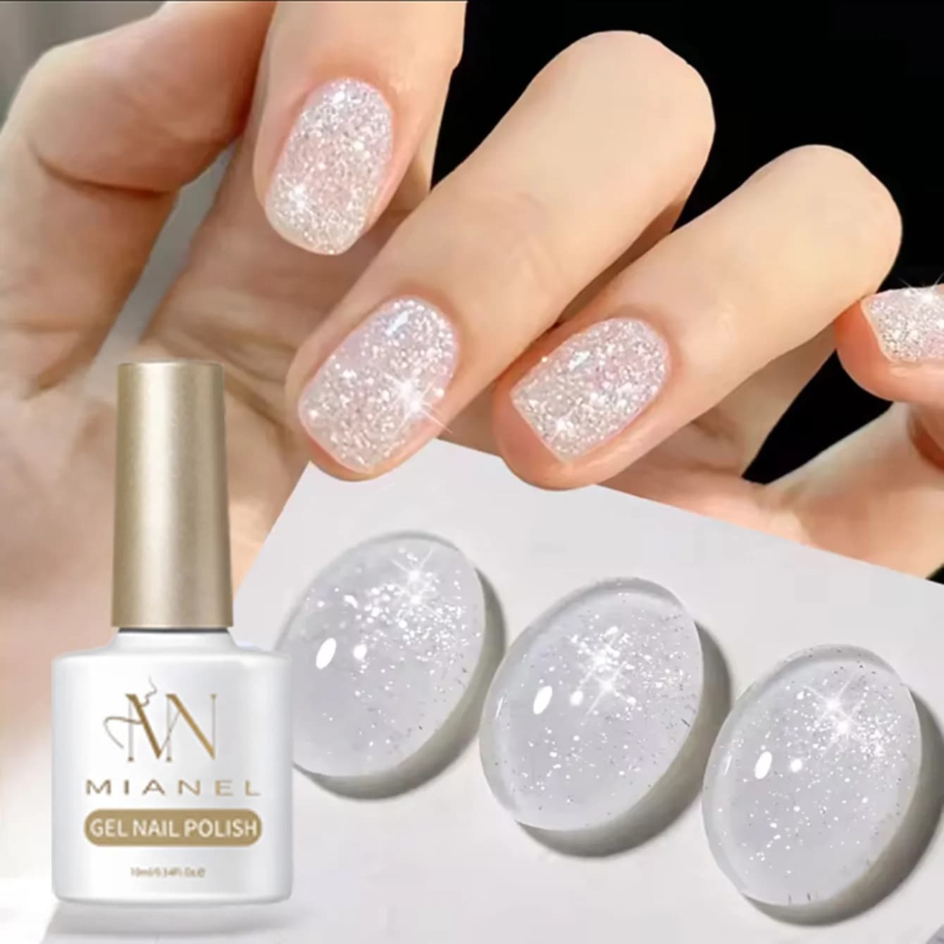 MAINEL 10ML 1Pz Smalto Gel Bianco con Glitter Effetto Luna e Strass Argento, Bestseller