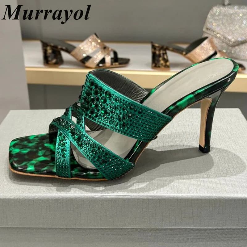 Bling Bling Lussuosa decorazione con strass Pantofole da donna Punta quadrata Sandali con tacco alto sottili Scarpe eleganti estive Scarpe da sposa per feste