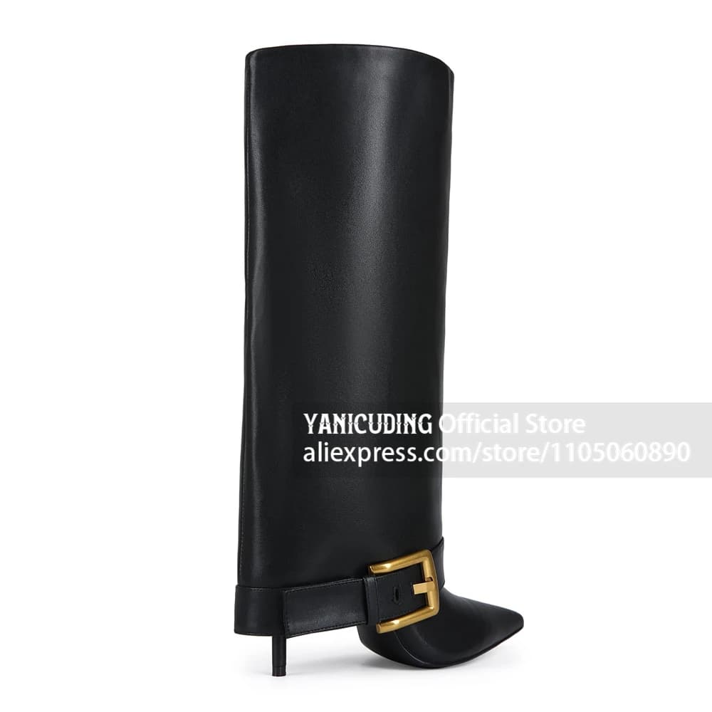 PU Leather Fold Knee High Boots Oversized Square Gold Metal Buckle Strap Knee Boots Wide Shaft Stiletto Boots for Women Custom