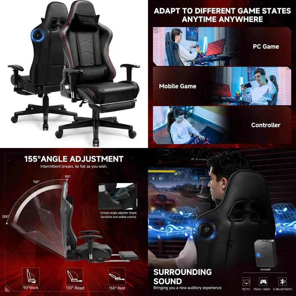 Sedia da Gaming Ergonomica con Altoparlanti Bluetooth, Schienale e Altezza Regolabili, Braccioli 3D, Poggiapiedi, Ideale per Giocatori in Nero