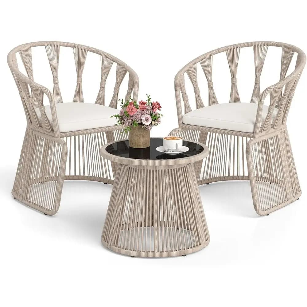 Set of 3 outdoor chairs in padded wicker with table with glass top for patio, balcony or garden (Bianco)