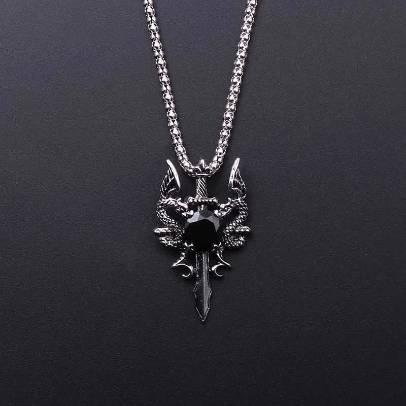 Double Dragon Black Gem Cross Necklace Punk Personalized Pendant Jewelry Accessory for Women Men Trendy Gifts