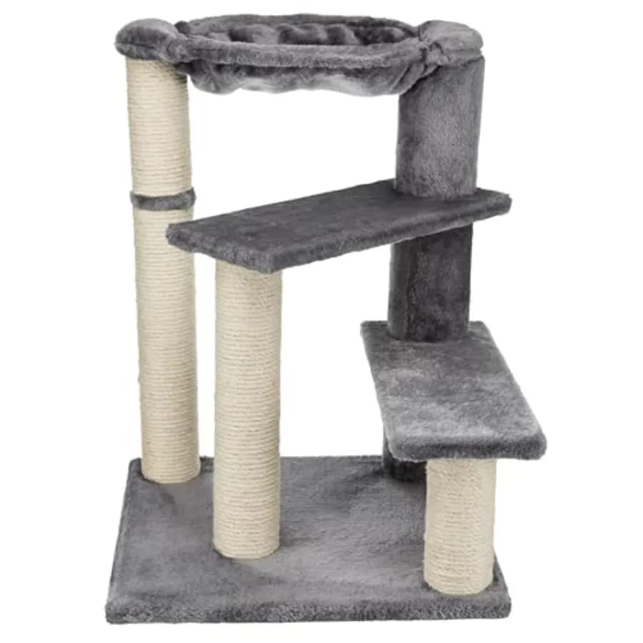 Albero per gatti con amaca e gradini per gioco all'interno, pali in sisal, grigio e beige, struttura robusta in legno, piattaforma morbida in peluche