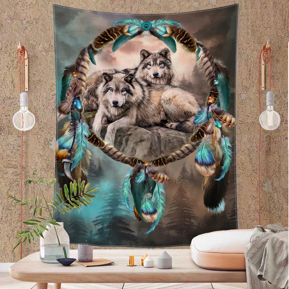 Dreamcatcher and Wolf Pack Printed Tapestry Decorative Tapestry Wall Hanging Art Wall Hanging Decoration
