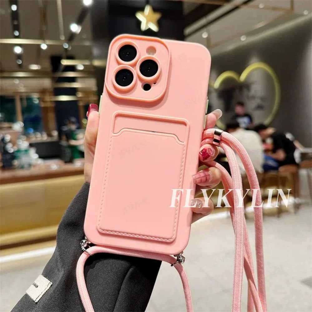 Custodia per telefono con borsa per carte in tinta unita con corda piatta per Xiaomi Poco X7 X6 Pro F7 Ultra M6 X5 X3 NFC POCO C65 Corda sospesa in morbido silicone