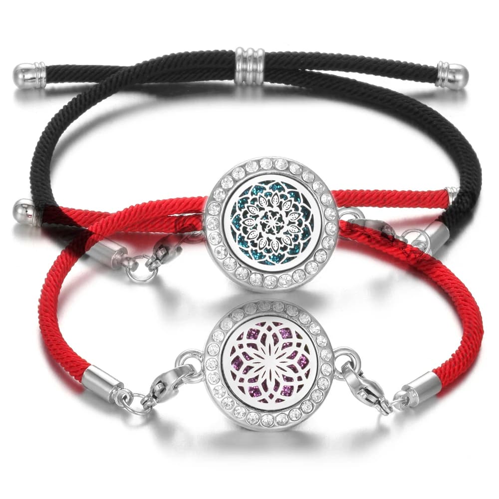 Rhinestone Aromatherapy Diffuser Bracelet Flowers Women Perfume Bangle Black Red Rope Essential Oil Diffuser Bracelets Jewelry