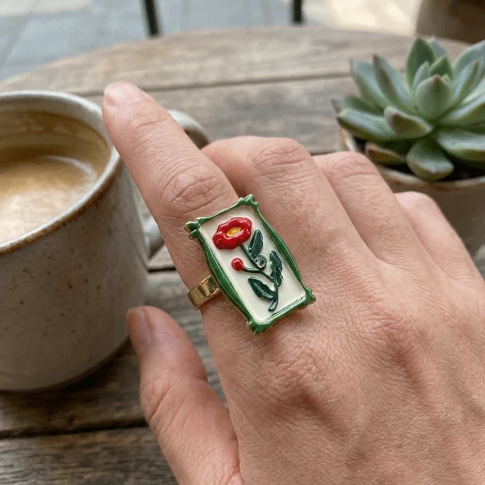 Pomegranate Printing Colorful Enamel Flower Ring Photo Frame Adjustable Size Ethnic Style Ring Irregular Rotundity Enamel Drip