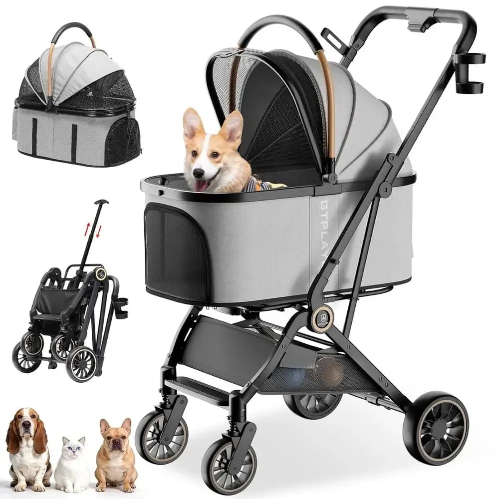 3-in-1 Adjustable Pet Stroller with Detachable Carrier, 360° Swivel Front Wheels, Rear Brakes, Holds Up to 45 lbs, Grey