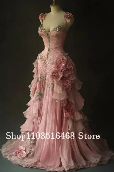 Customised Pink Prom Dresses Pink Spaghetti Straps Tulle Long 3D Flower Embellished Evening Gowns Banquet Dress Formal Occasion