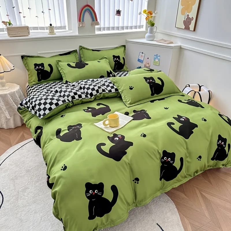 Cute Black Cat Print Bedding Set Green Double Side Checkered Duvet Cover Set Soft Microfiber Bed Sheets Pillowcases Home Bedroom