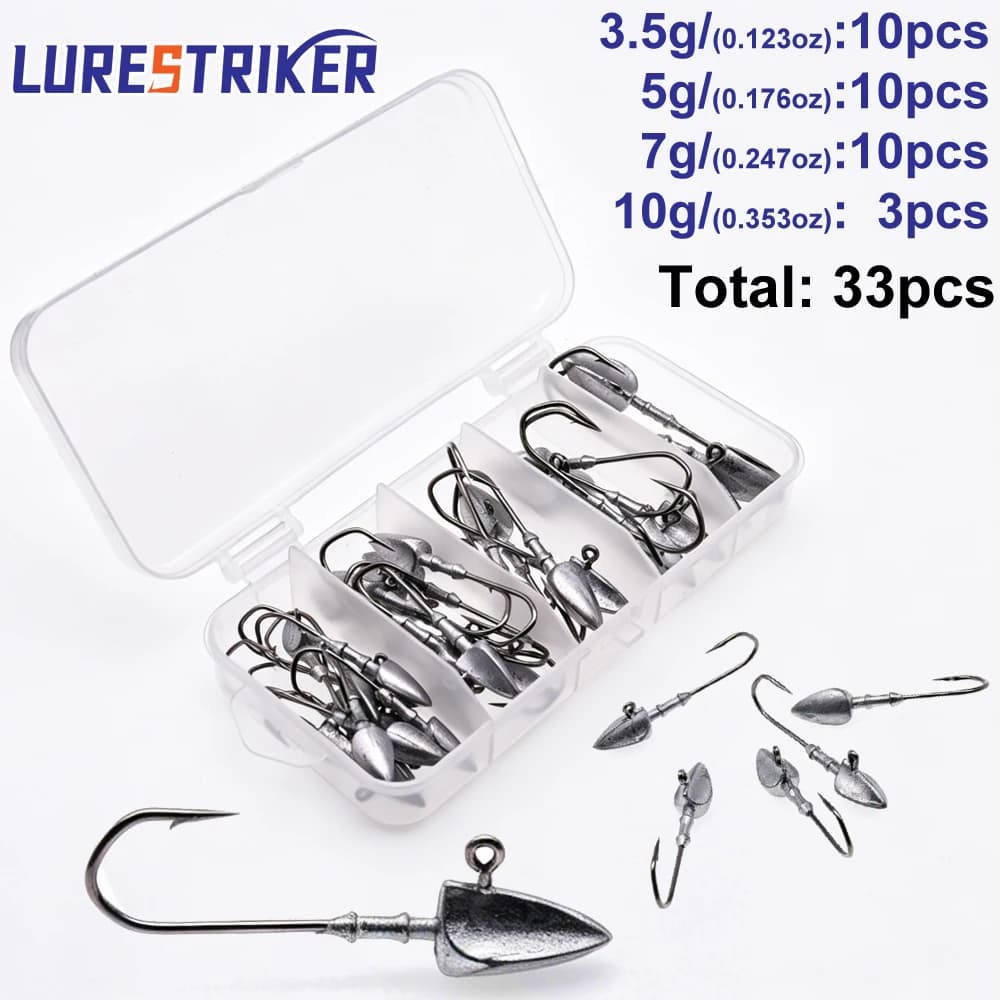 33pcs/box 3.5g/5g/7g/10g Triangle Head Jig Hooks for Soft Worm Fishing Tackle Sea Fishing Hook Lure Bait Combo Set