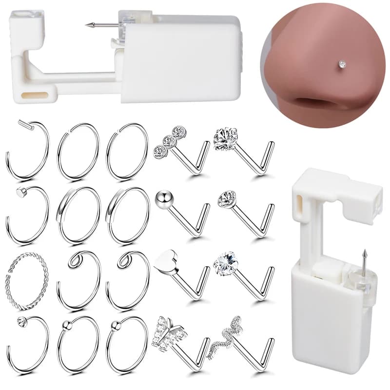 22Pcs Nose Piercing Kit Disposable Nose Piercing Gun 316L Surgical Steel Nose Rings Studs Safe Self Body Piercing Jewelry Tools