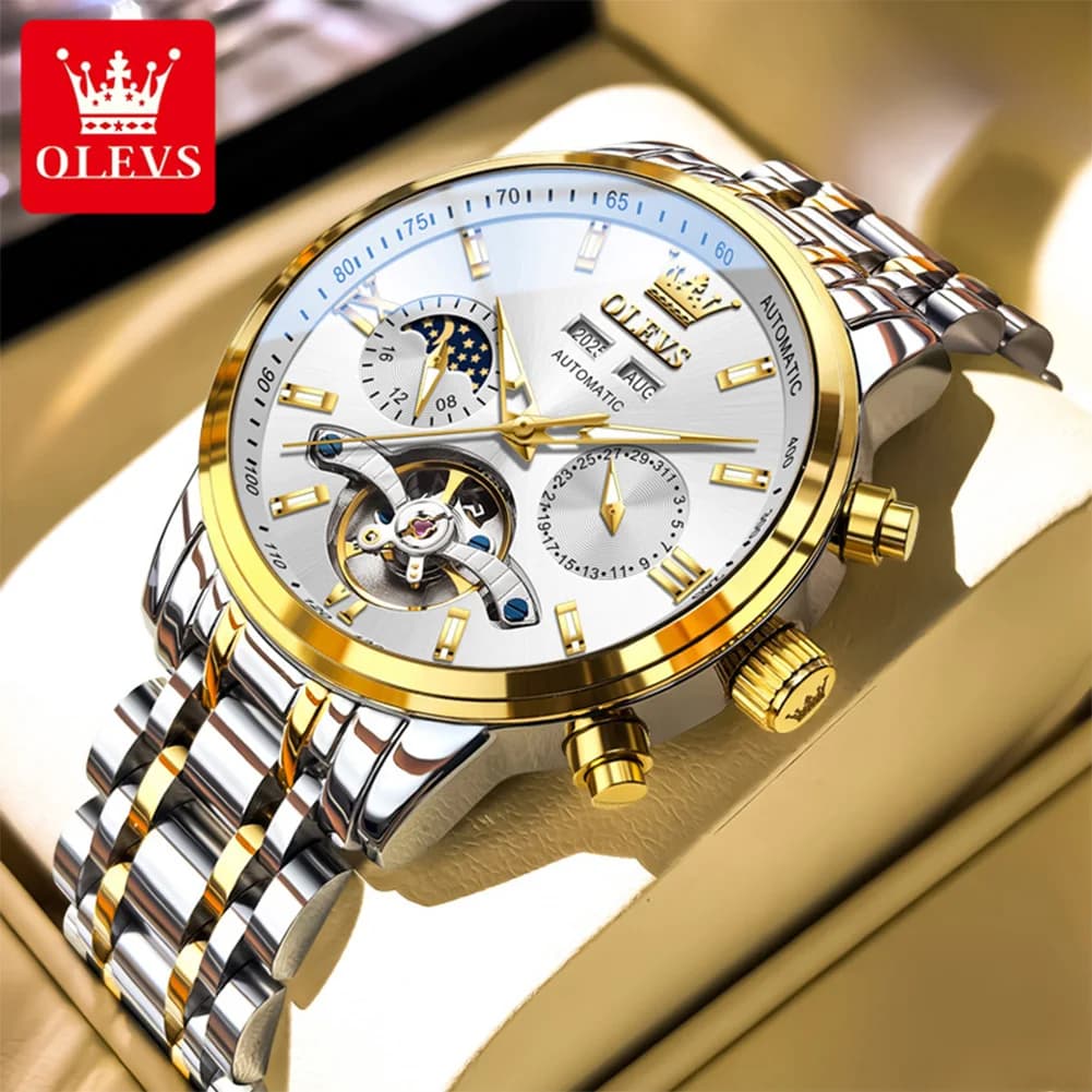 OLEVS 6740 Nuovi Orologi Automatici per Uomo Moon Phase Orologio da Uomo Moda Scheletro Volano Orologi da Uomo Meccanici da Affari di Lusso