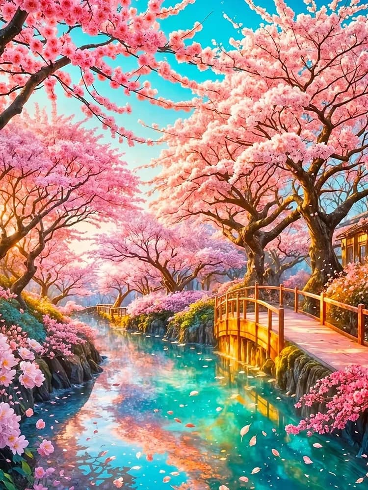 Oil Painting By Numbers Cherry Blossom River Scenery DIY Number Drawing Canvas Pictures By Numbers Home Decor Large Size