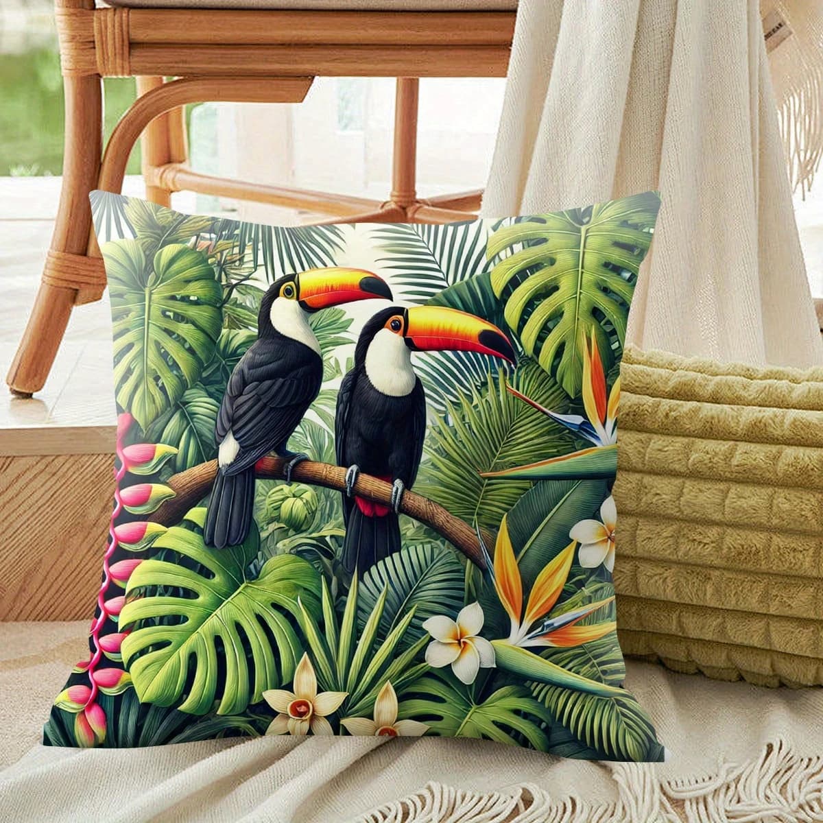 2D flat- Tropical Rainforest Toucan Throw Pillow Cover Jungle Botanical Floral Cushion Case for Home Decor