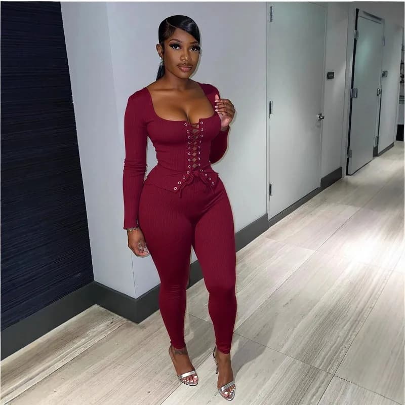 Women Ribbed 2 Piece Set Grommet Lace Up Square Neck Long Sleeve Slim T-shirts Tops + High Waist Skinny Pants Casual Suits