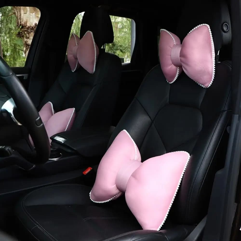 Simpatico cuscino poggiatesta per auto di colore rosa, cuscino ergonomico traspirante per la vita, adorabile cuscino fresco con fiocco, cuscino anti-fatica per auto